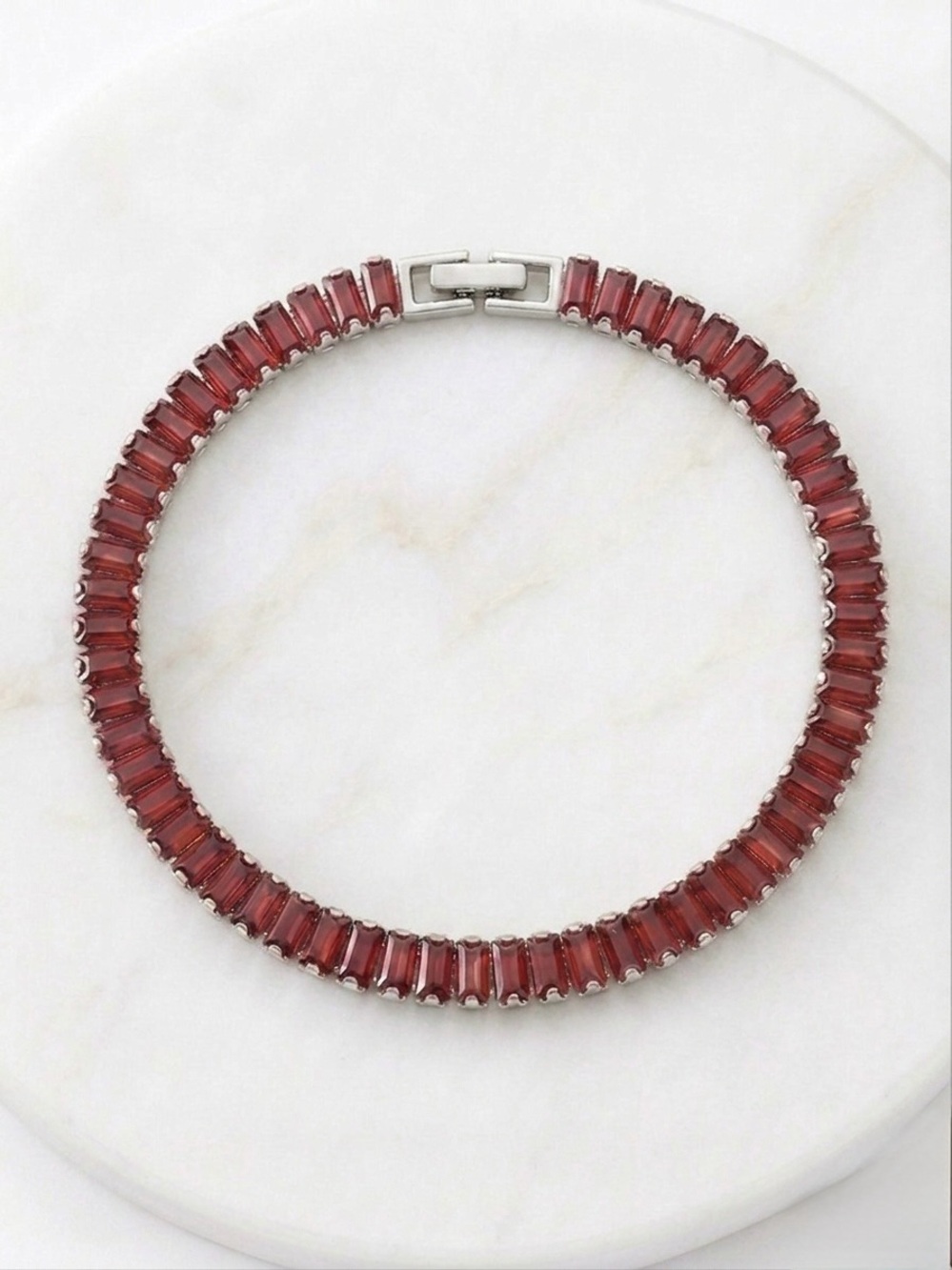 Ruby Red Tennis Bracelet Platinum Plated w/ Red Baguette Zircon | Luxury Jewelry